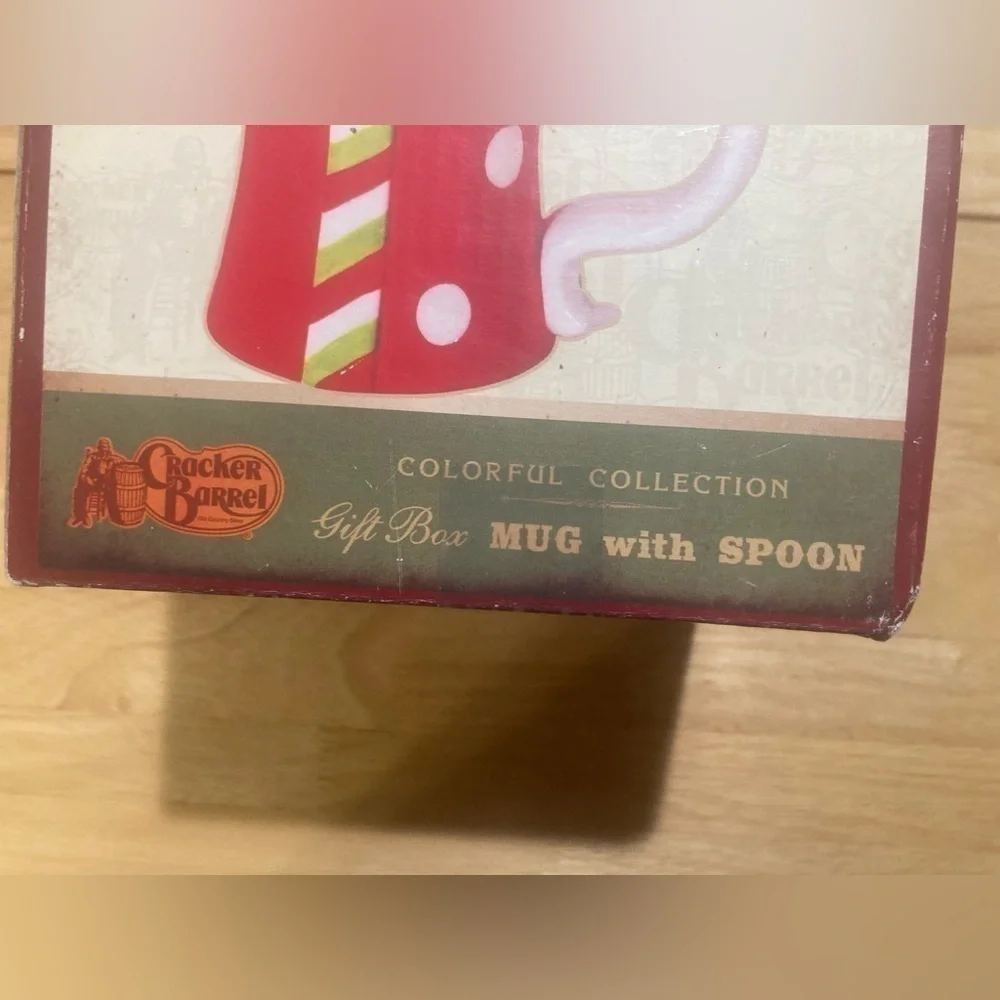Cracker Barrel Colorful Collection Mingle & Jingle Gift Box mug with a spoon